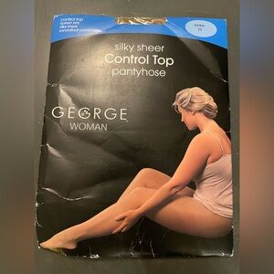 VTG George Silky Sheer Control Top Pantyhose - suntan 2x queen size sandlefoot